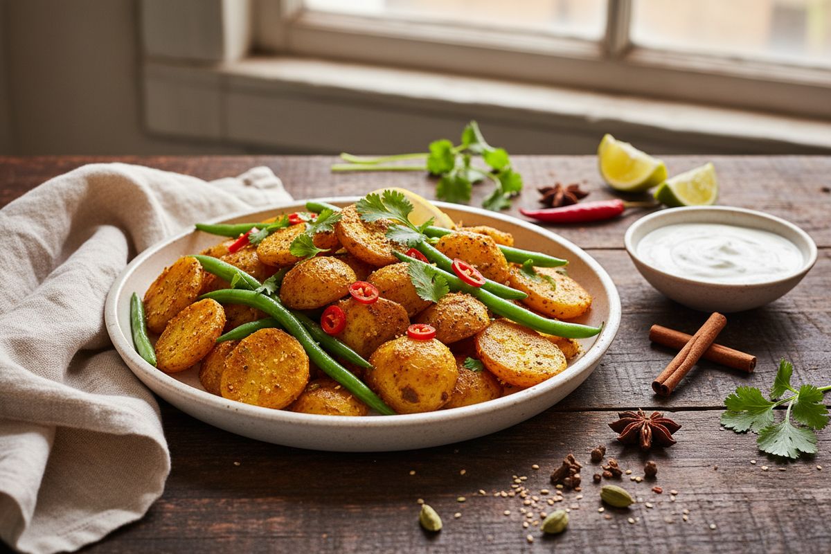 Tulisesti maustetut intialaistyyliset Bombay-perunat vihreillä pavuilla – nopea ja värikäs kasvisruoka arki-iltoihin.