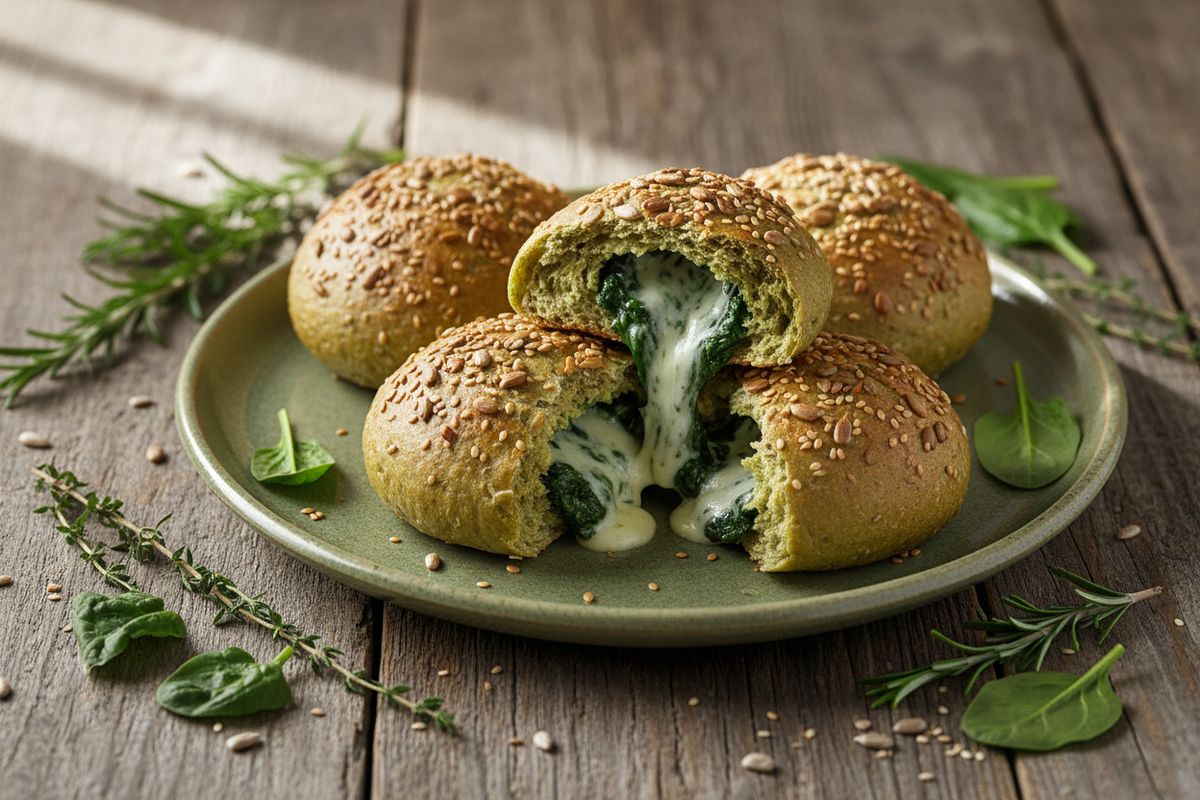 Mehevä vihreä pinaattitäyteleipä siemenillä – helppo kasvisresepti piknikille tai arkiselle lounaalle.
