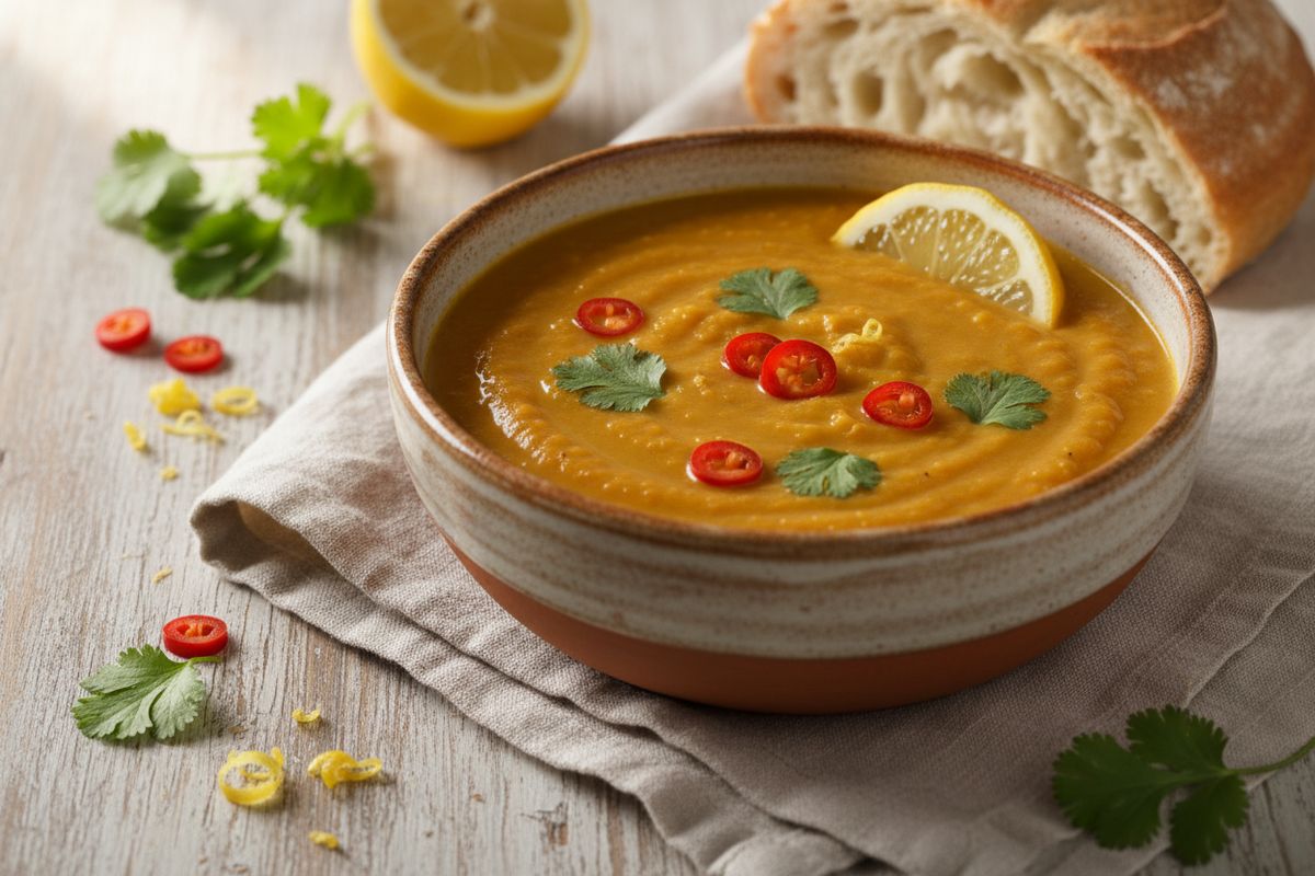 Samettinen ja sitruunainen linssikeitto on helppo vegaaninen arkiruoka, joka valmistuu yhdessä padassa alle puolessa tunnissa.