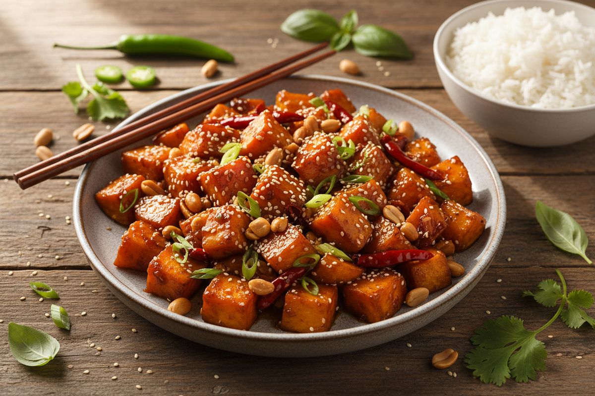 Mausteinen ja täyttävä kasvispohjainen Kung Pao -wokki bataatista, paahdetuista pähkinöistä ja hoisin-kastikkeesta.