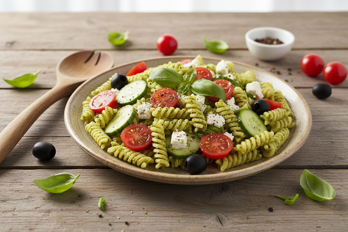 Helppo pestopastasalaatti fetalla on nopeasti valmistuva kasvisruoka, joka sopii arkeen ja kesäjuhliin.