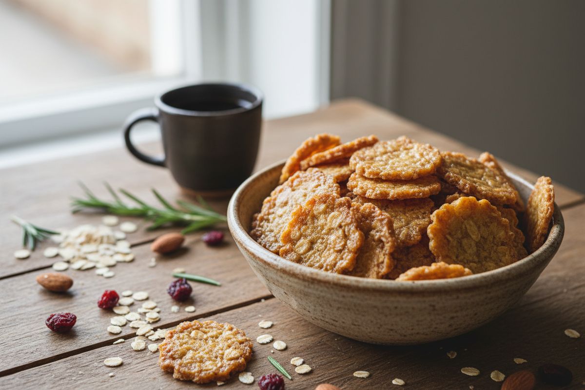 Rapeaksi paistetut kauralastut syntyvät nopeasti kourallisesta kaappiaineita – helppo ja maukas kasvisleivonnainen koko perheelle.
