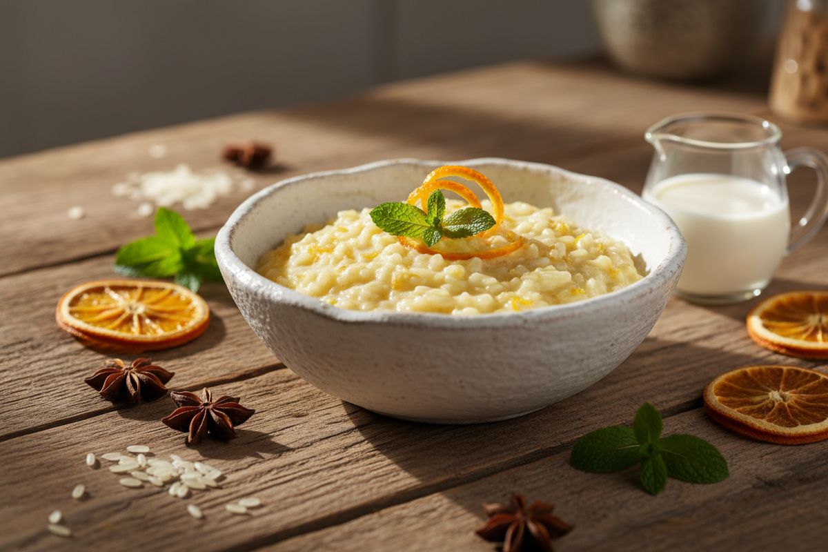 Pehmeä ja raikas appelsiiniriisijälkiruoka, jossa tuoreen appelsiinin kirpeys kohtaa täyteläisen riisin – täydellinen kasvispohjainen retrojälkiruoka.