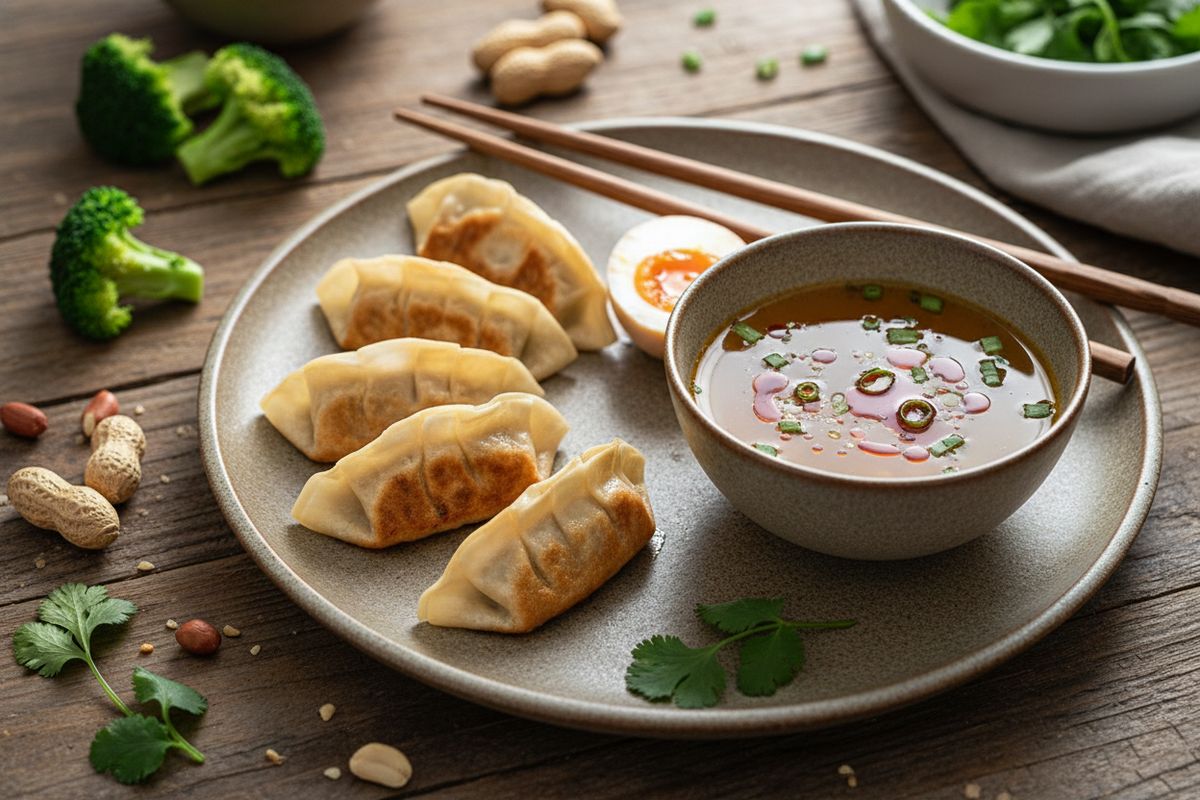 Nopea ja täyttävä kasvisgyoza-keitto parsakaalilla, chiliöljyllä ja paahdetuilla maapähkinöillä – valmis alle 20 minuutissa.