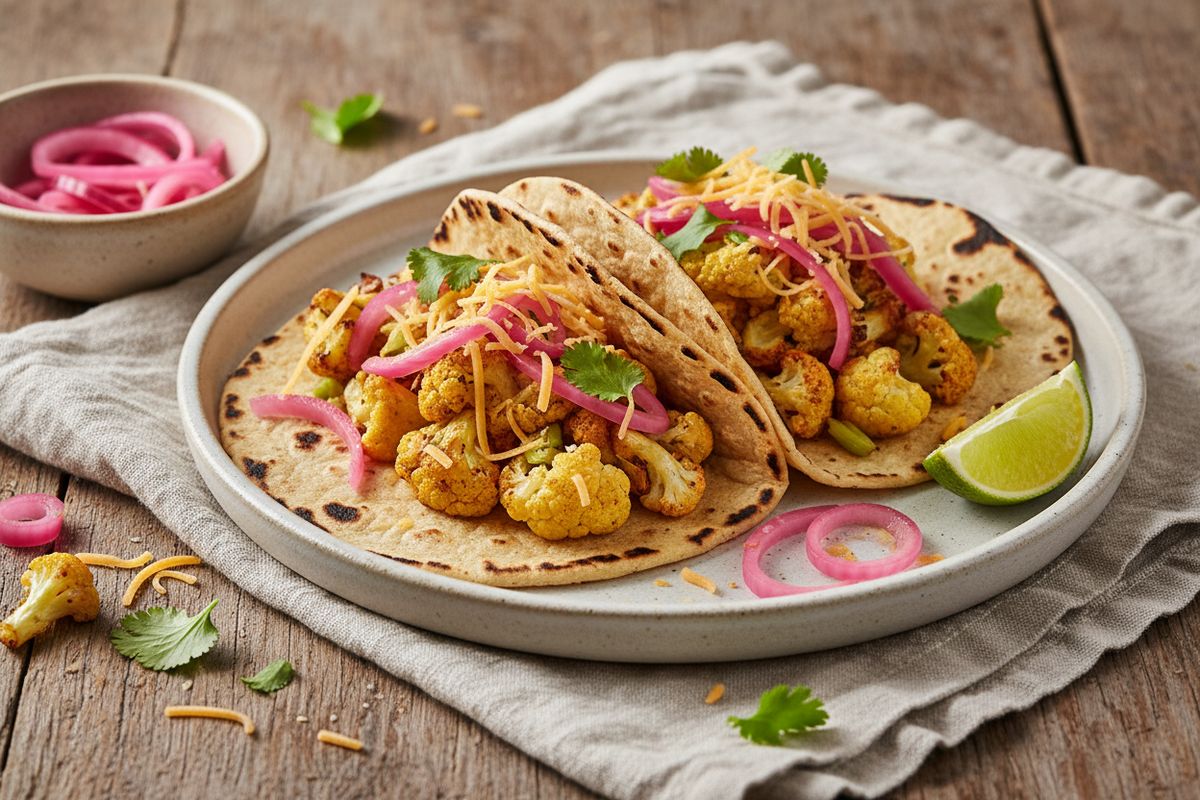 Mausteinen kukkakaali-taco kotitekoisilla tortilloilla, raikkaalla punasipulisalaatilla ja sulavalla cheddarilla – helppo arki-illan kasvisateria.