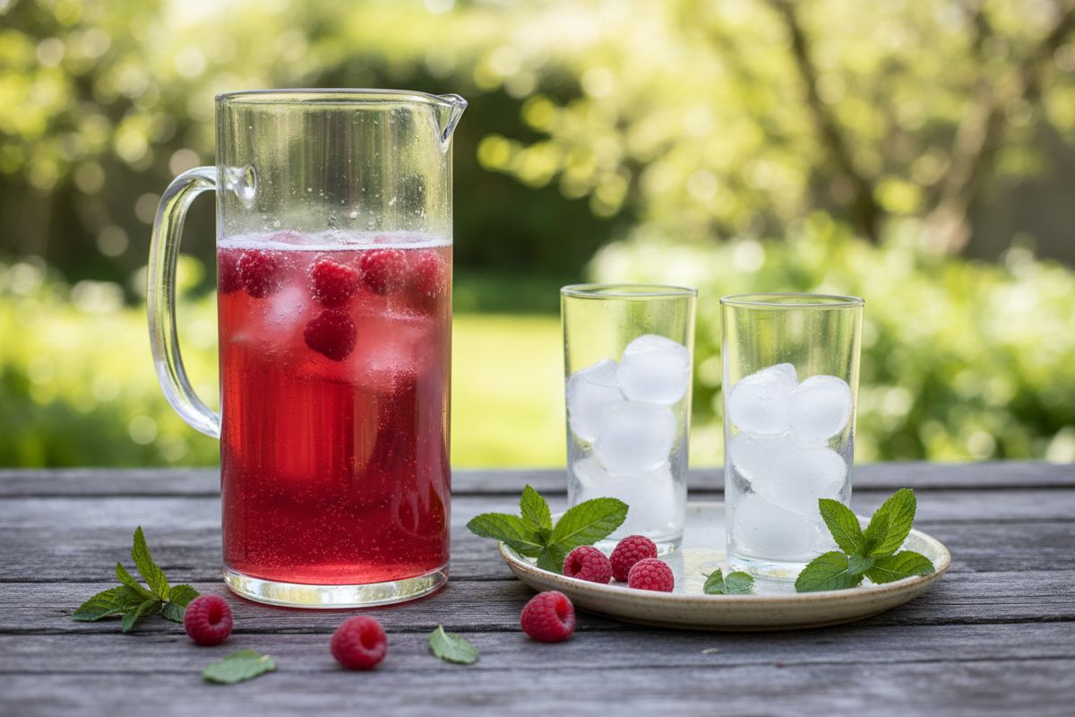 Kirkas vadelmasima on kauniinvärinen, vegaaninen kevätjuoma joka kuohuu luonnollisesti ja maistuu raikkaasti.