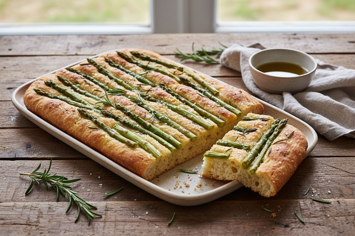 Pehmeä ja tuoksuva parsafocaccia tuoreella parsalla, rosmariinilla ja oliiviöljyllä – kevään paras kasvisleipä.