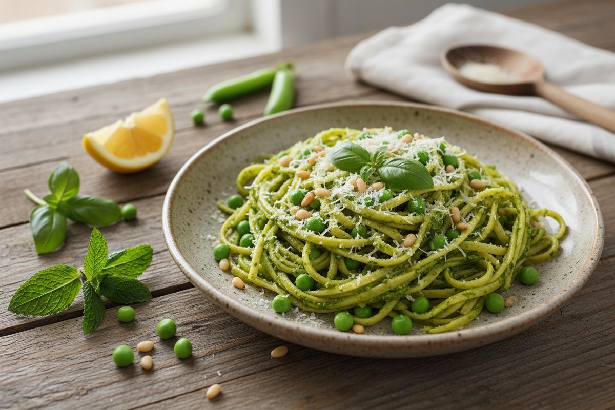 Nopea ja värikäs hernepestopasta on täydellinen kasvisarkiruoka – valmis 20 minuutissa.