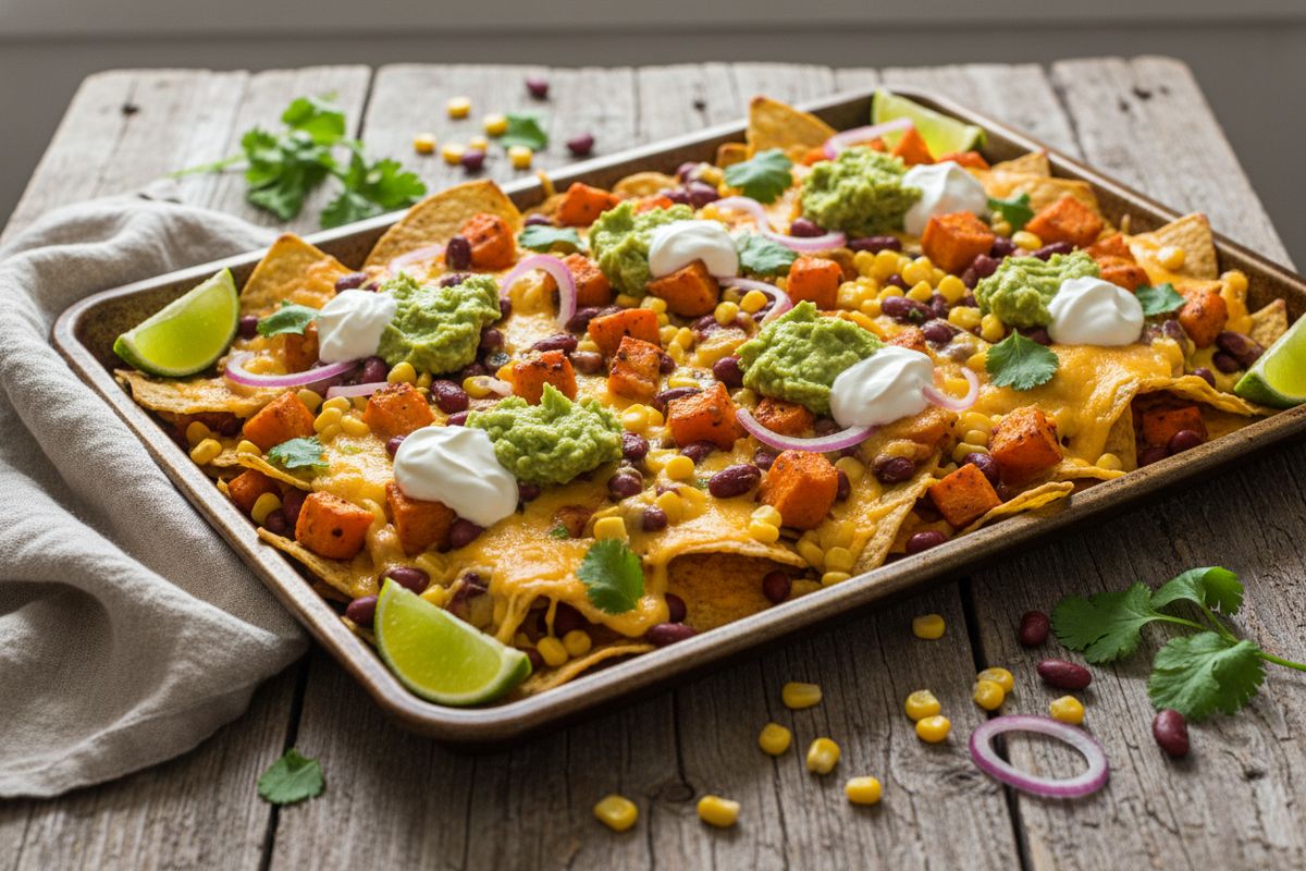 Värikäs bataatti-nachopelti pavuilla ja juustolla – helppo kasvisarkiruoka suoraan uunista.
