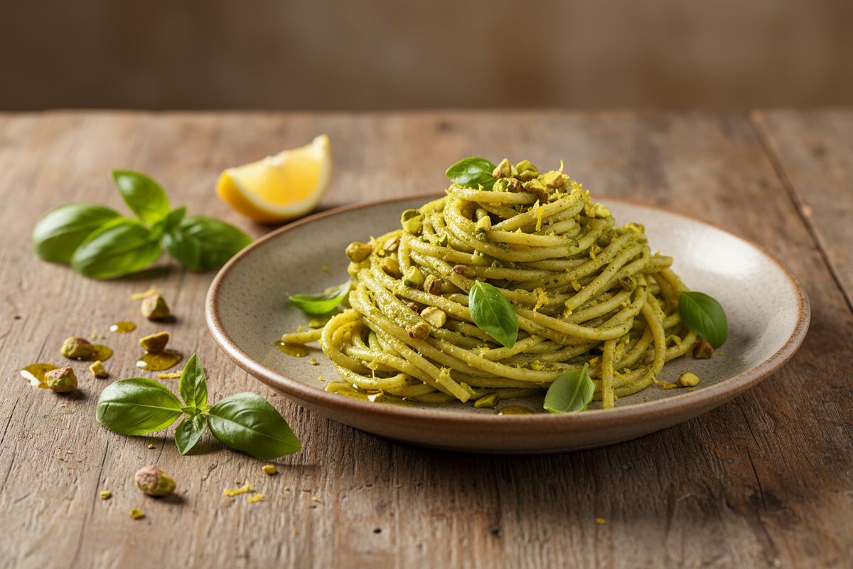 Vegaaninen pistaasipesto-pasta syntyy nopeasti kotitekoisesta vihreästä pestosta ja on täydellinen kasvisruoka arki-iltaan.