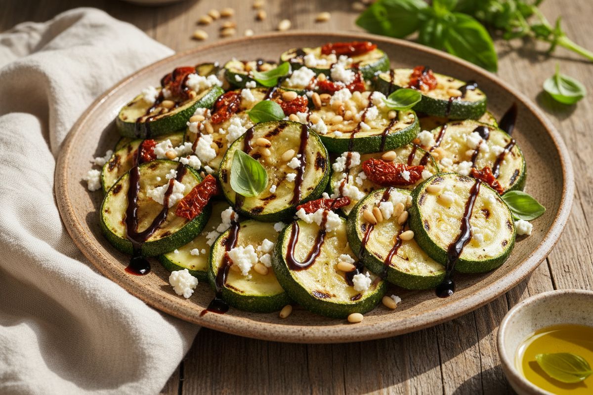 Savusoidut grillatut kesäkurpitsat, suolainen feta ja makeahko balsamico yhdistyvät helpoksi ja väririkkaaksi kasvisruoaksi.