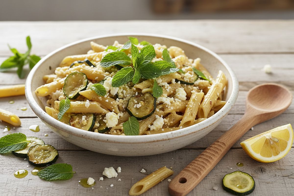 Helppo ja raikas kesäkurpitsa-fetapasta mintulla – nopea kasvisarkiruoka parhaimmillaan.