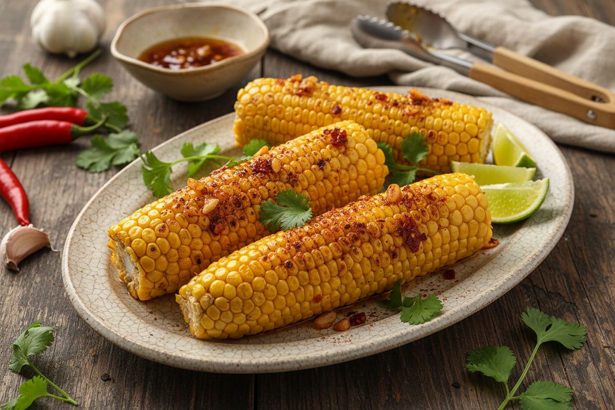 Grillattu maissi paahdetulla valkosipuli-chilikastikkeella on helppo ja täysin vegaaninen kesäherkku grilliin.
