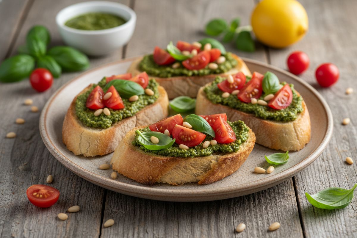 Aromaattinen kotitekoinen pesto rapealla leivällä – nopea kasvisherkkupala arkeen ja juhlaan.
