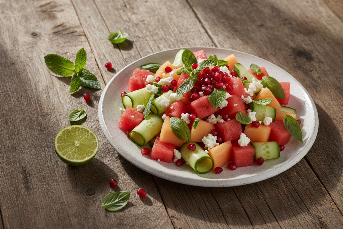 Raikas ja värikäs kesäinen melonisalaatti tuoreilla yrteillä ja limellacastikkeella – helppo kasvisresepti kuumille päiville.