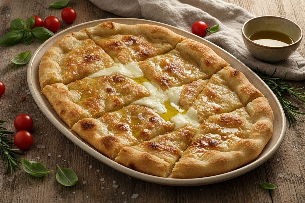 Focaccia di Recco on paperinohut, rapea ligurialaisleipä, jonka sisällä sulaa kermainen stracchino-juusto – täydellinen kasvisherkkupala.