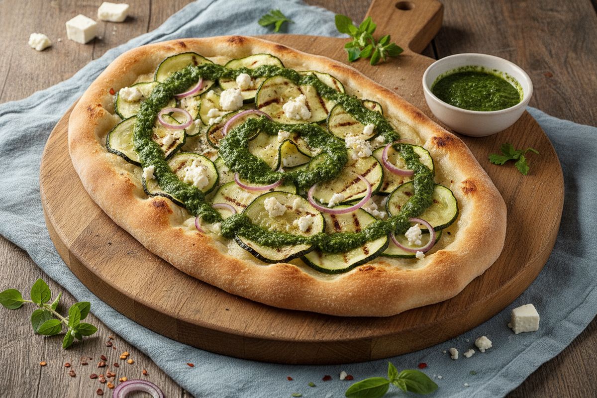 Rapea kasvis-flatbread kesäkurpitsalla, fetajuustolla ja tuoreella chimichurrikastikkeella – nopea kesäinen kasvisateria.