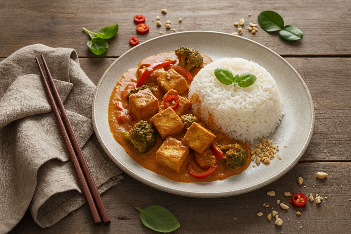 Samettinen panang curry tofulla ja maapähkinävoilla on nopea kaakkoisaasialainen kasvisruoka, joka valmistuu alle 30 minuutissa.