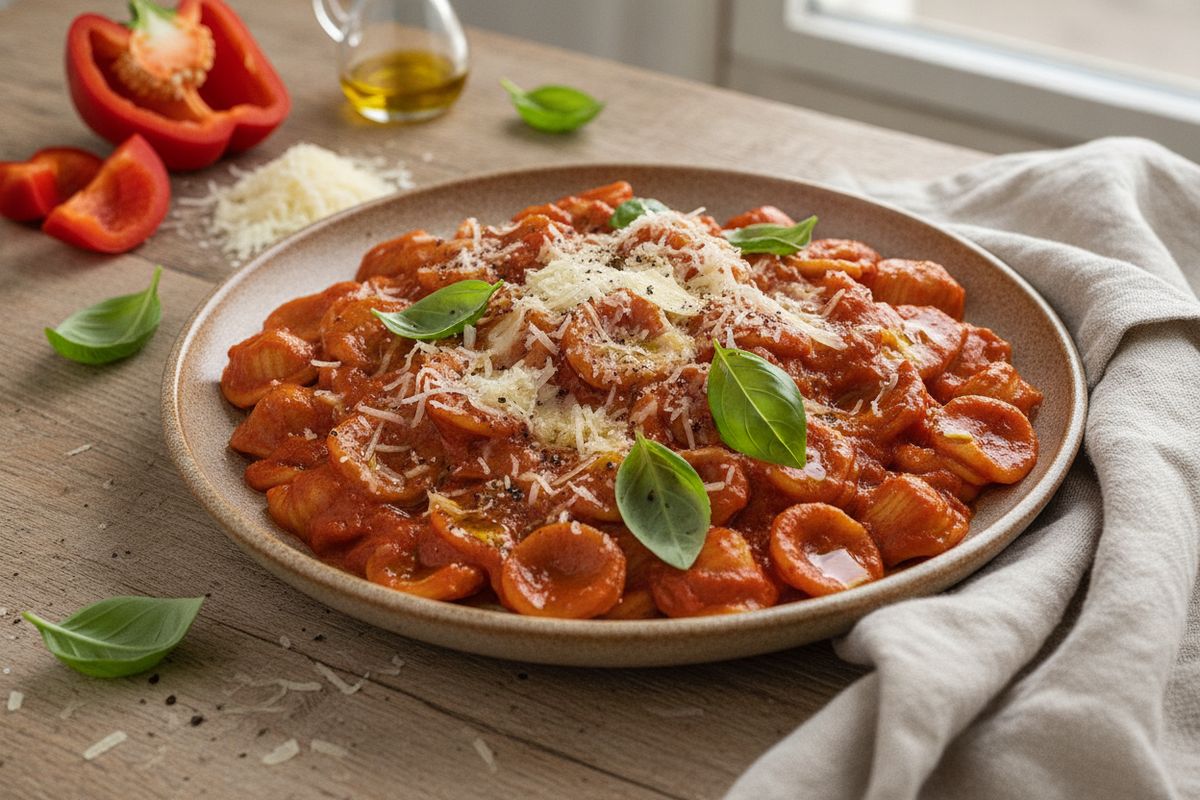 Samettinen punapaprikan kastike ja orecchiette-pasta yhdistyvät tässä nopeassa ja täyteläisessä kasvisruuassa.