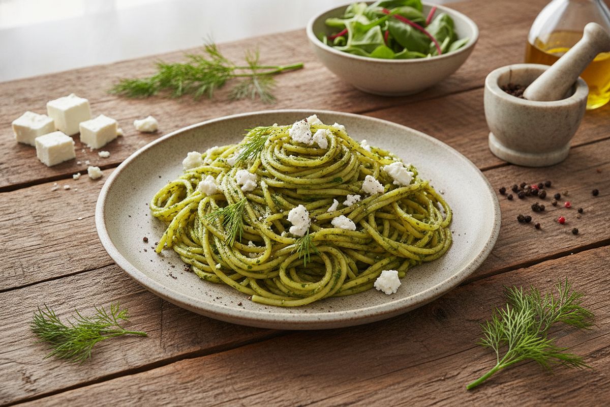 Kirkkaan vihreä tilli-pesto ja mureutettu fetajuusto tekevät tästä tuorepastaruoasta täydellisen arjen kasvisaterian.