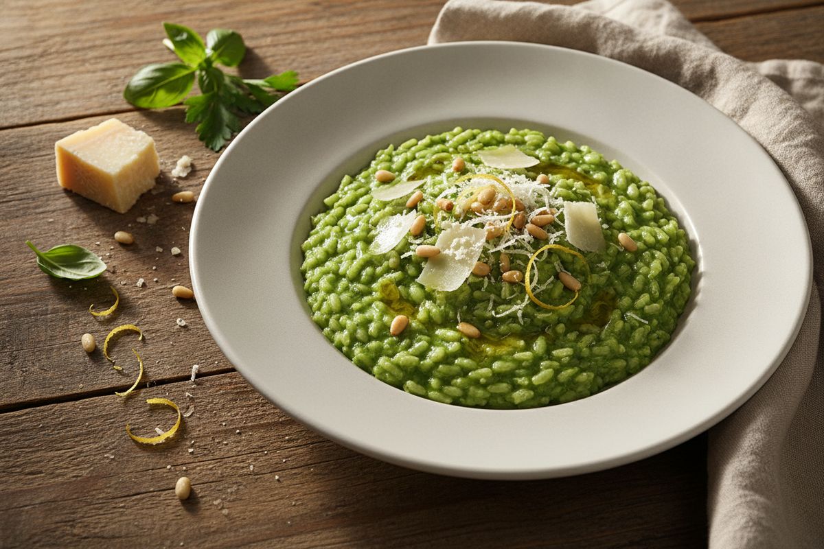 Kermainen Risotto Verde yhdistää täyteläisen arborio-risoton ja raikaan vihersoseen – helppo ja vaikuttava kasvisruoka joka tilanteeseen.