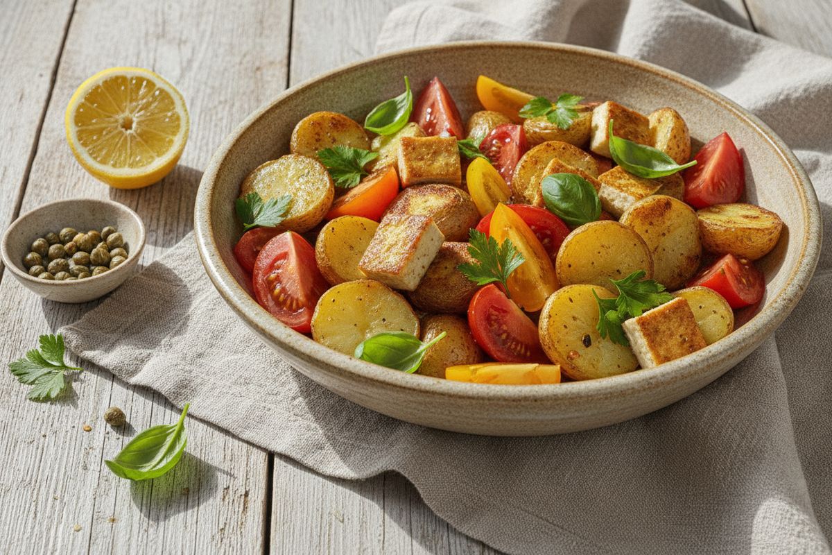 Tuoreilla yrteillä marinoitu tofu kohtaa kauden parhaat perunat ja tomaatit tässä täyttävässä ja raikkaassa kesäsalaatissa.