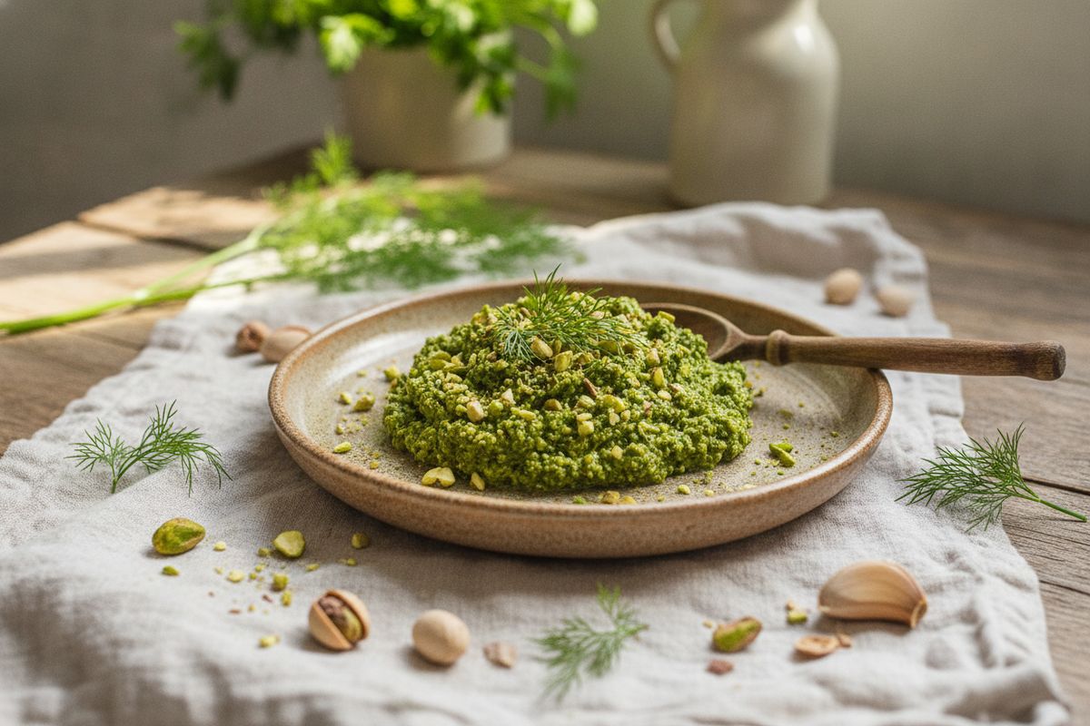 Aromaattinen tillipesto pistaaseista ja oliiviöljystä – täydellinen kasvisruokailijan kesäsalaattien maustemerkki.