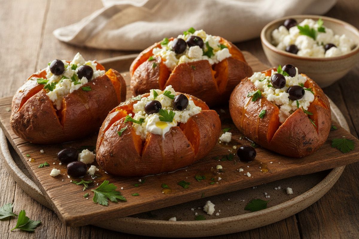Maistuvat uunibataatit täytettyinä kermaviili-feta-seoksella, mustilla oliiveilla ja tuoreella persiljalla – helppo ja värikäs kasvisateria.