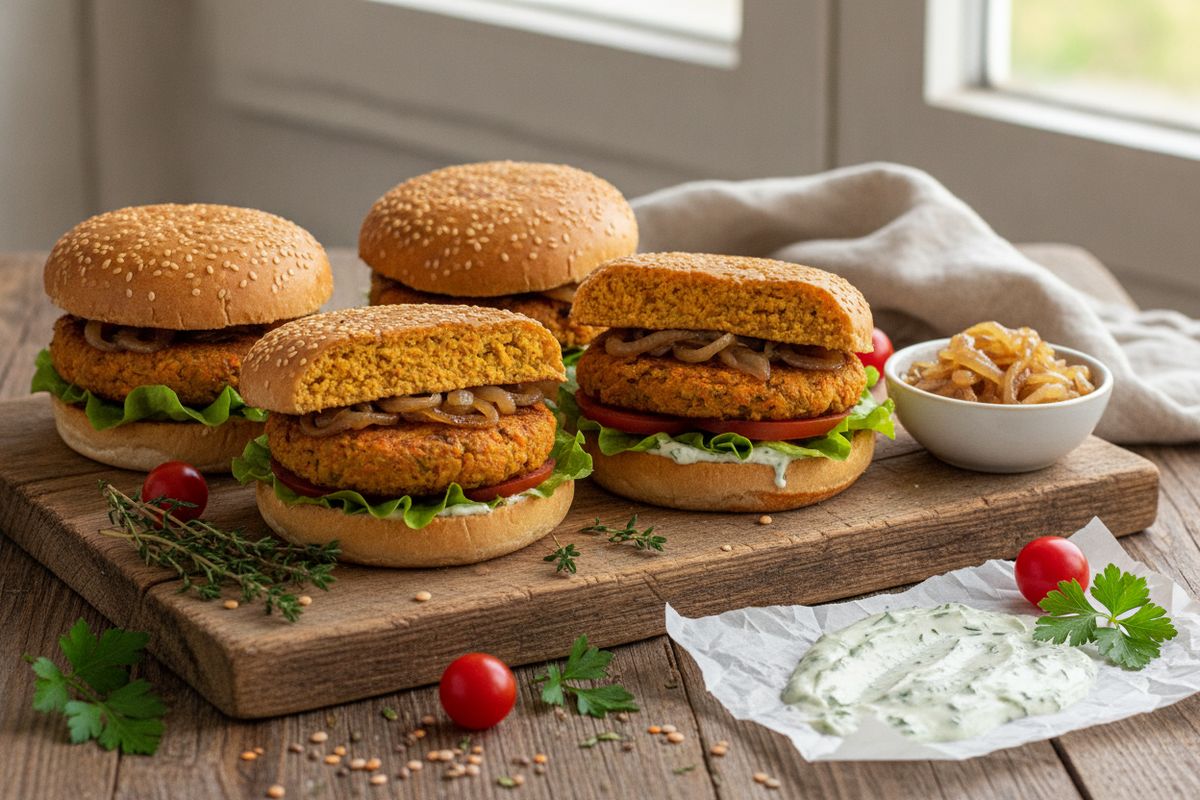 Mehevät porkkanapihvit linssien ja inkiväärin kera – helppo kasvisateria joko burgerin välissä tai muusin kumppaniksi.