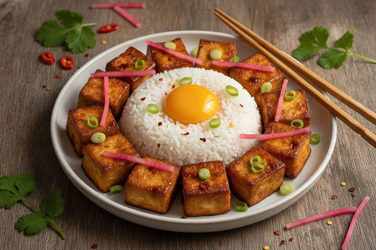 Rapeaksi paistettu marinoitu tofu, sushiriisi ja retiisipikkeli yhdistyvät herkulliseksi japanilaiseksi donburikulhoksi.