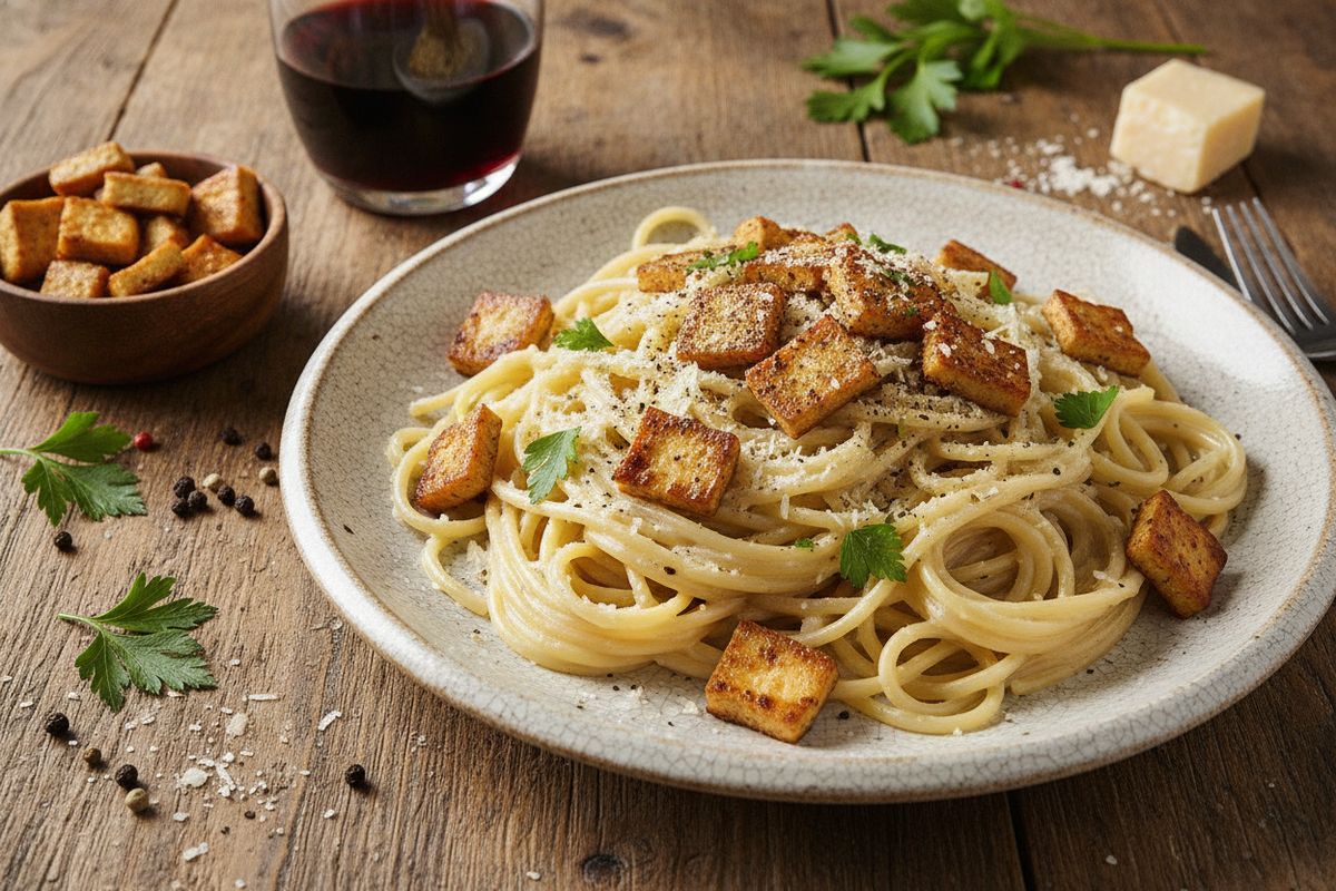 Täyteläinen vegaaninen pasta carbonara valmistuu kasvipohjaisen kaurakermaisen juustokerman ja rapeaksi paistetun savutofun avulla.