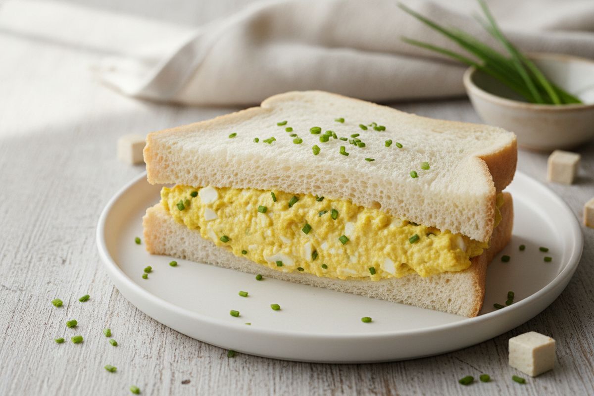 Kurkumalla ja ravintohiivalla maustettu vegaaninen tofu-sando on helppo ja maukas japanilainen voileipä piknikille tai arkilounaaksi.