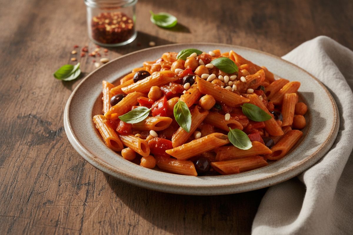Vegaaninen Palermon pasta on värikäs, kasvispohjainen arkiruoka, joka syntyy nopeasti ja maistuu koko perheelle.