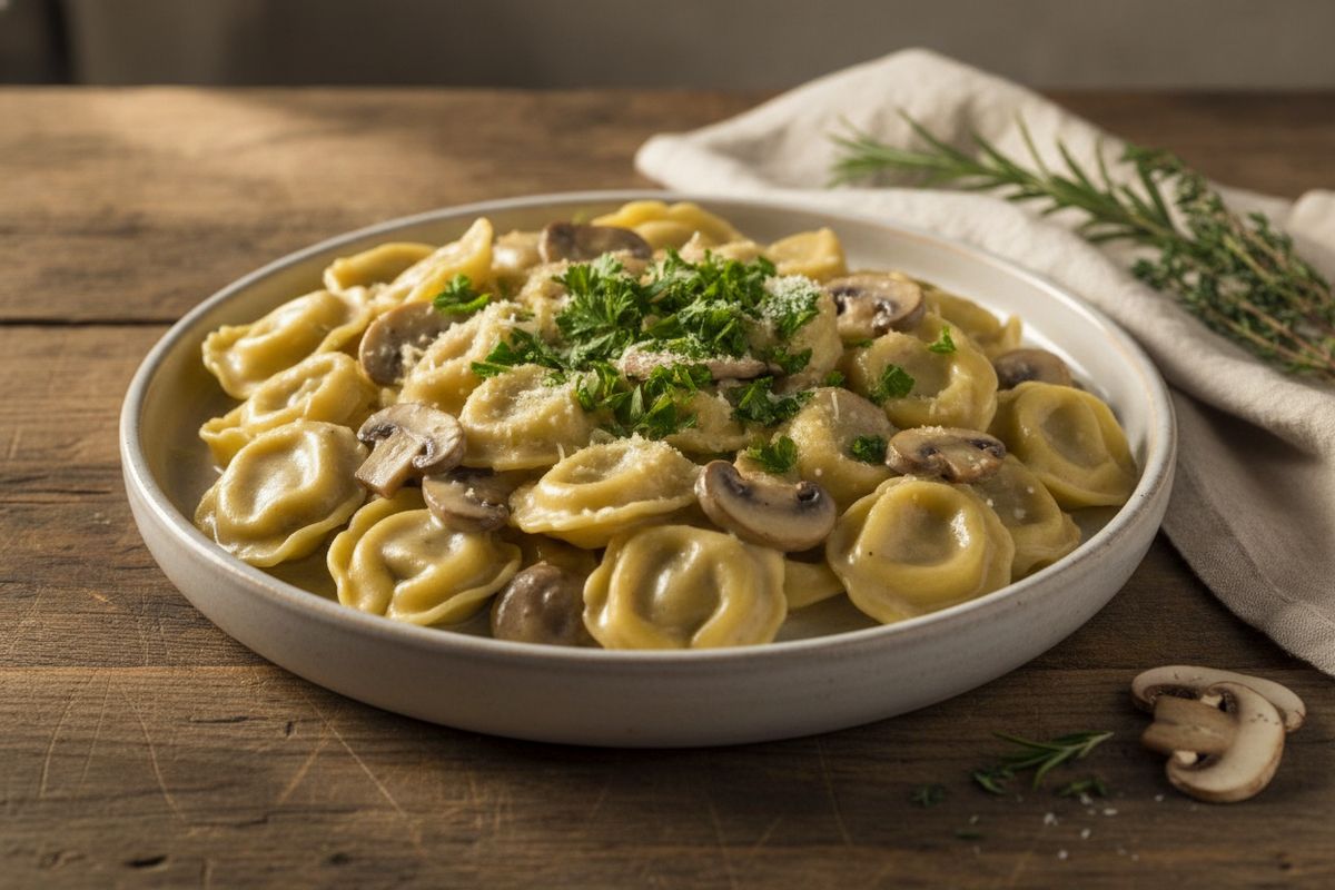 Kermainen sieni-tortellinipannu syntyy yhdellä pannulla alle 30 minuutissa – täydellinen kasvisarkiruoka kiireisiin iltoihin.
