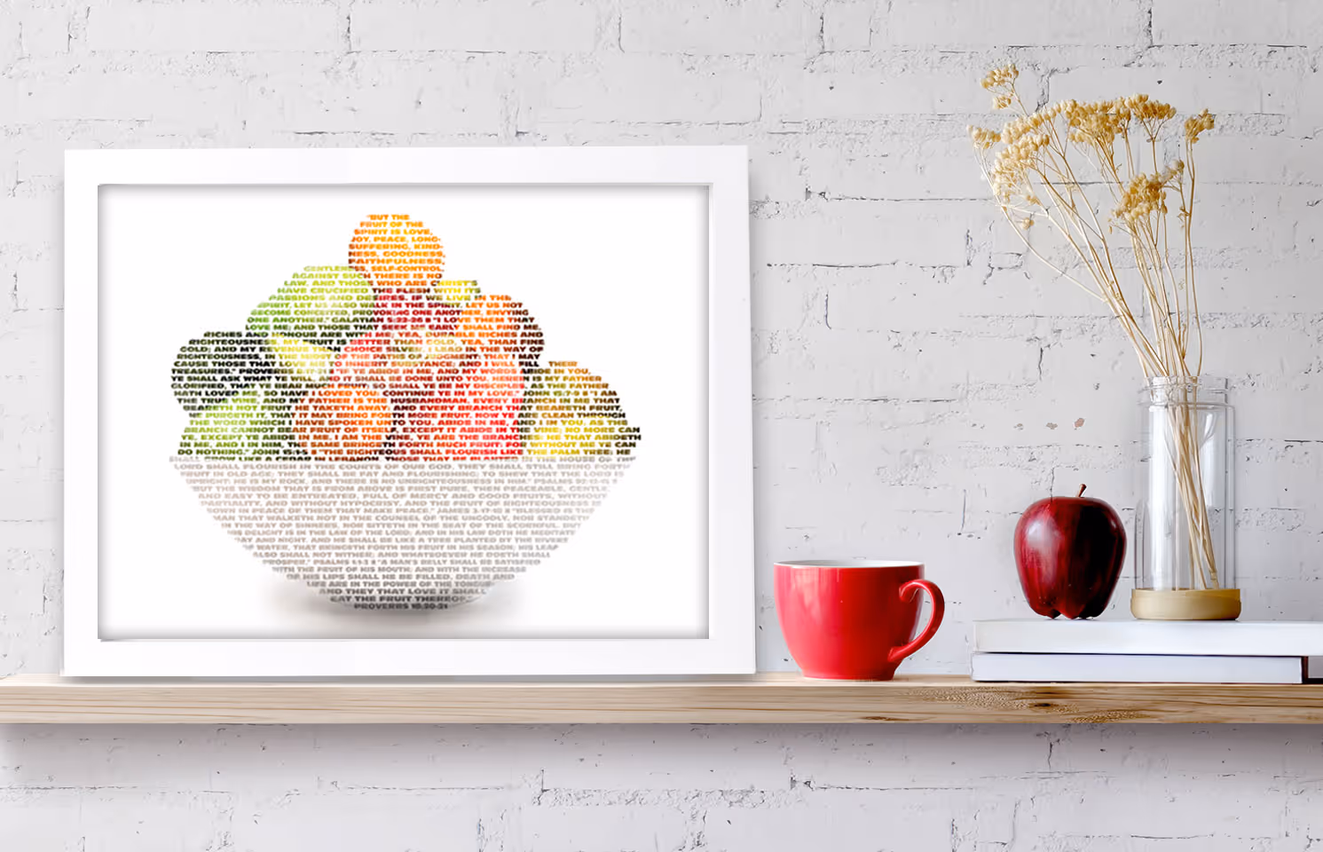 Fruit of the Spirit Scripture Art on shelf in home