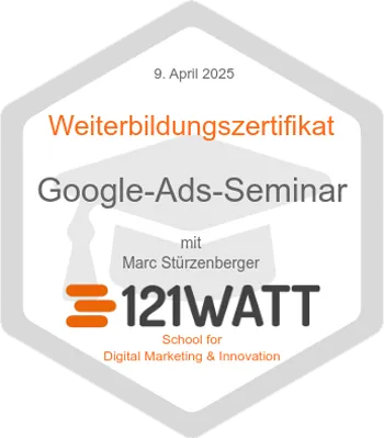 Zertifikat vom 9. April 2025: Teilnahme am Google-Ads-Seminar mit Marc Stürzenberger, ausgestellt von 121WATT School for Digital Marketing & Innovation.