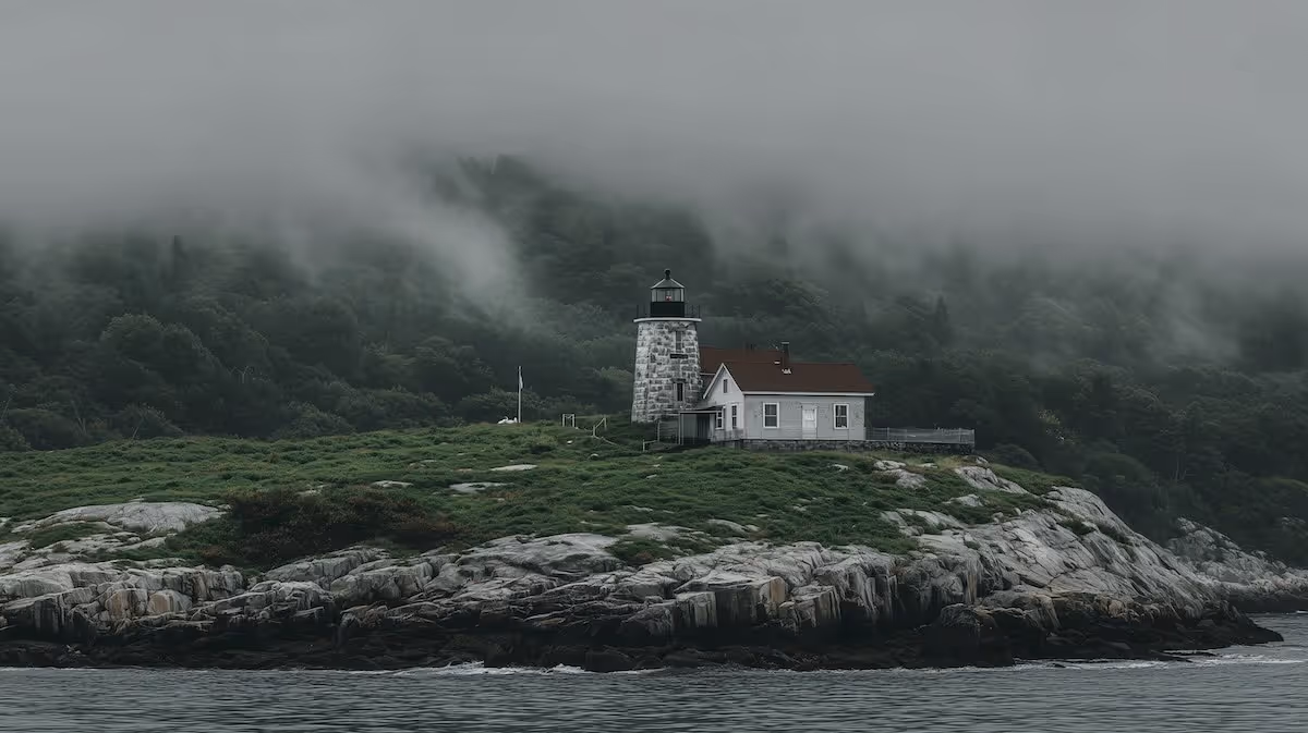A lighthouse on a rocky coast in the fog