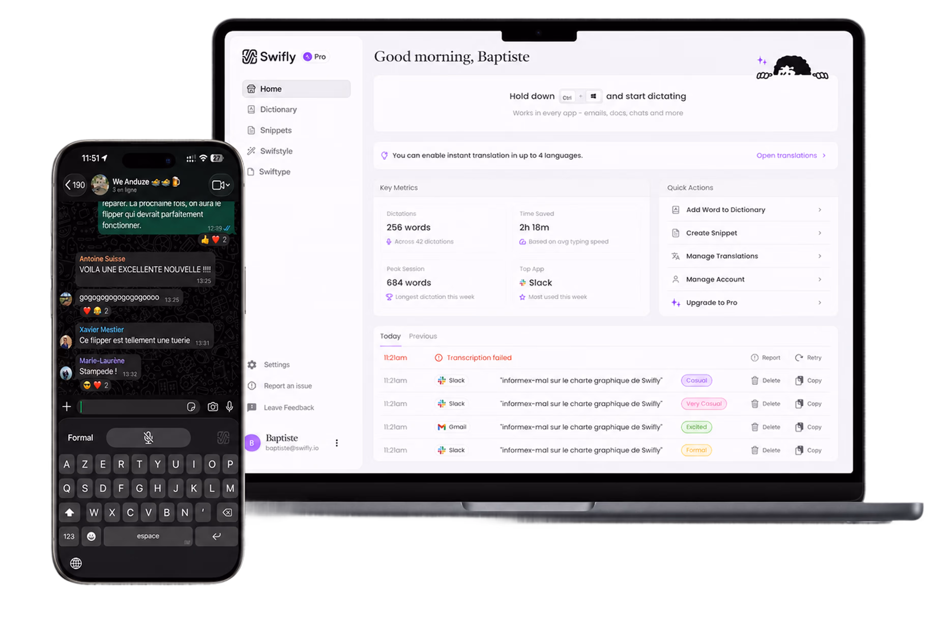 Laptop and smartphone showing Swifly app with dictation stats, chat, and transcription actions.