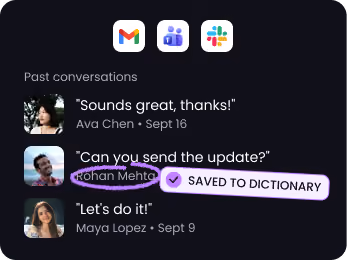 Chat app screen showing past conversations with messages and a 'Saved to Dictionary' checkmark.