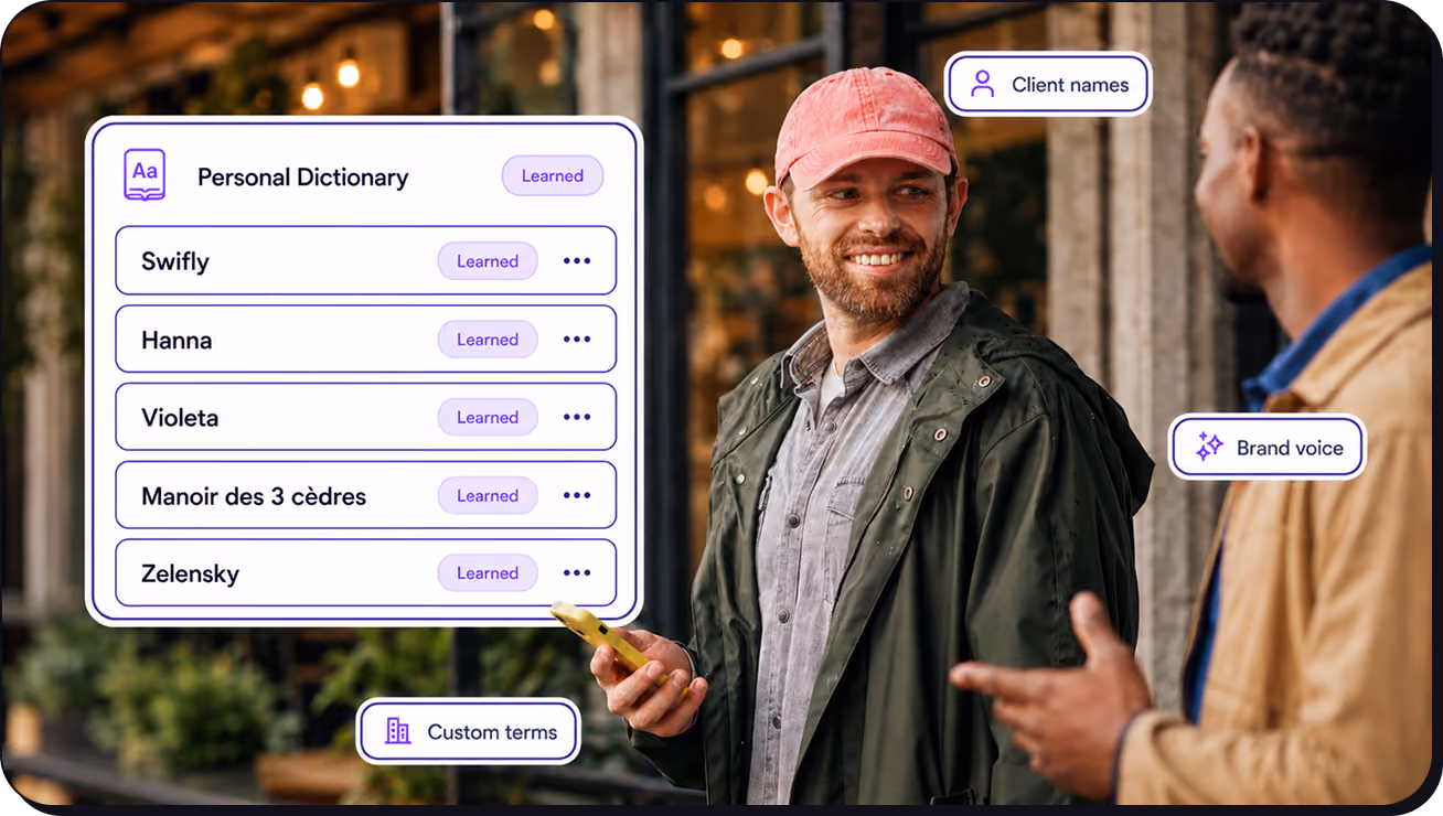 Two men talking outside, one holding a phone, with overlay of a personal dictionary app interface.