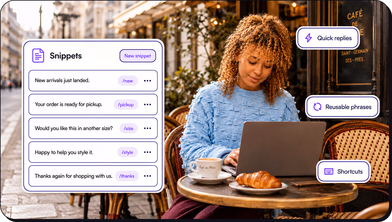 Woman using laptop at cafe table with coffee and croissant, alongside text snippets for quick replies and shortcuts.