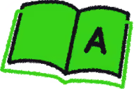 Green icon of an open book with the letter A on the right page.