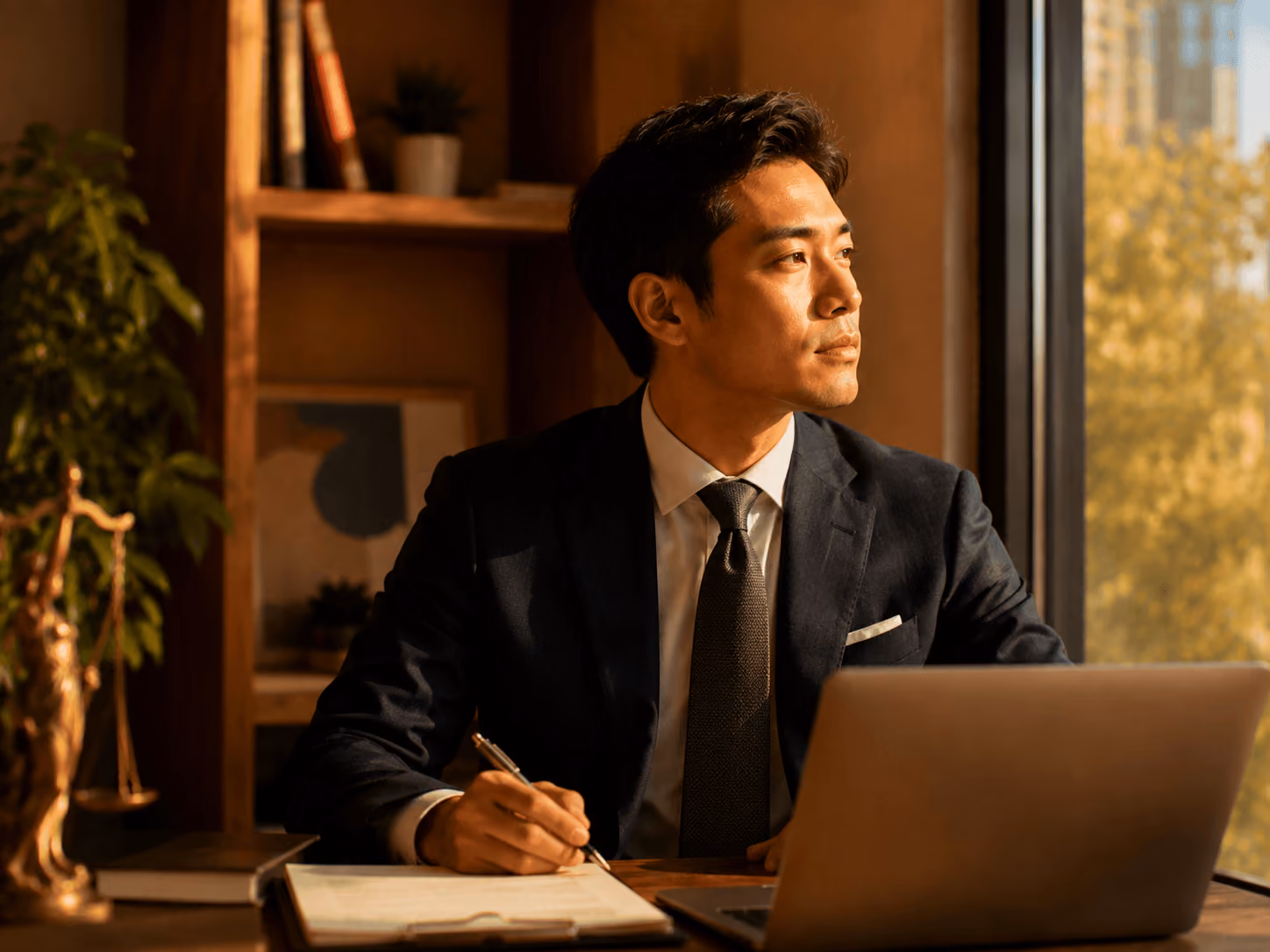Man in suit writing on a clipboard near a laptop in an office with a window view.