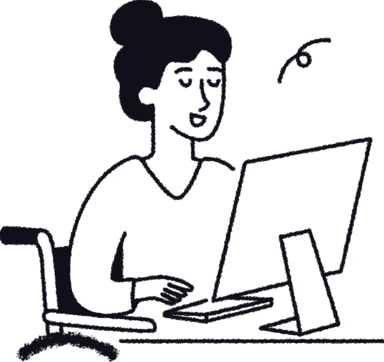 Illustration of a woman with a bun working on a computer at a desk.