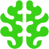 Green stylized brain icon with abstract interconnected shapes on a gray background.