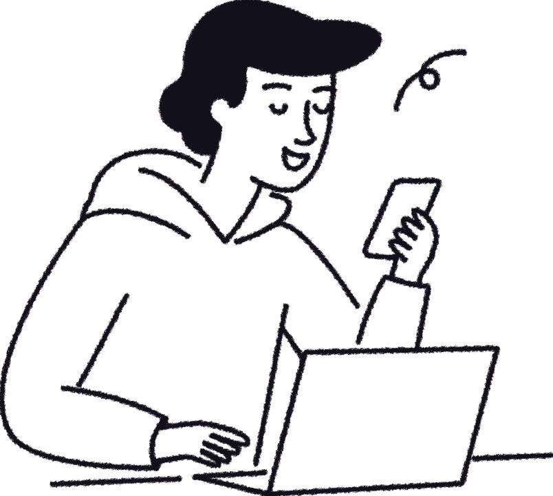 Illustration of a person looking at a phone while using a laptop on a table.