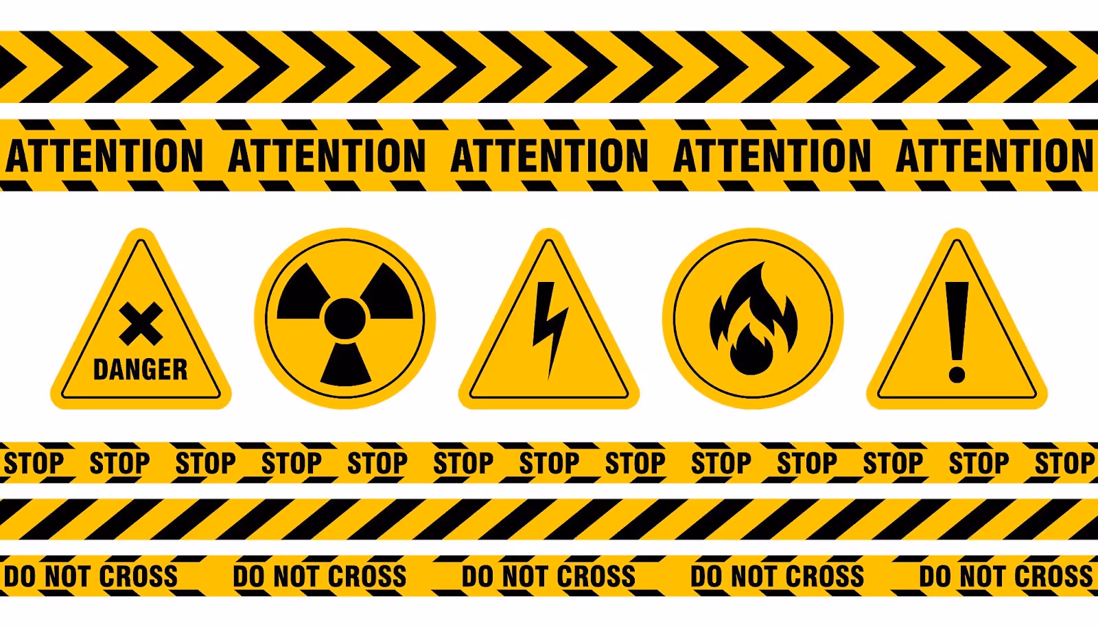 Yellow warning signs and caution tape displaying various medical safety risk symbols