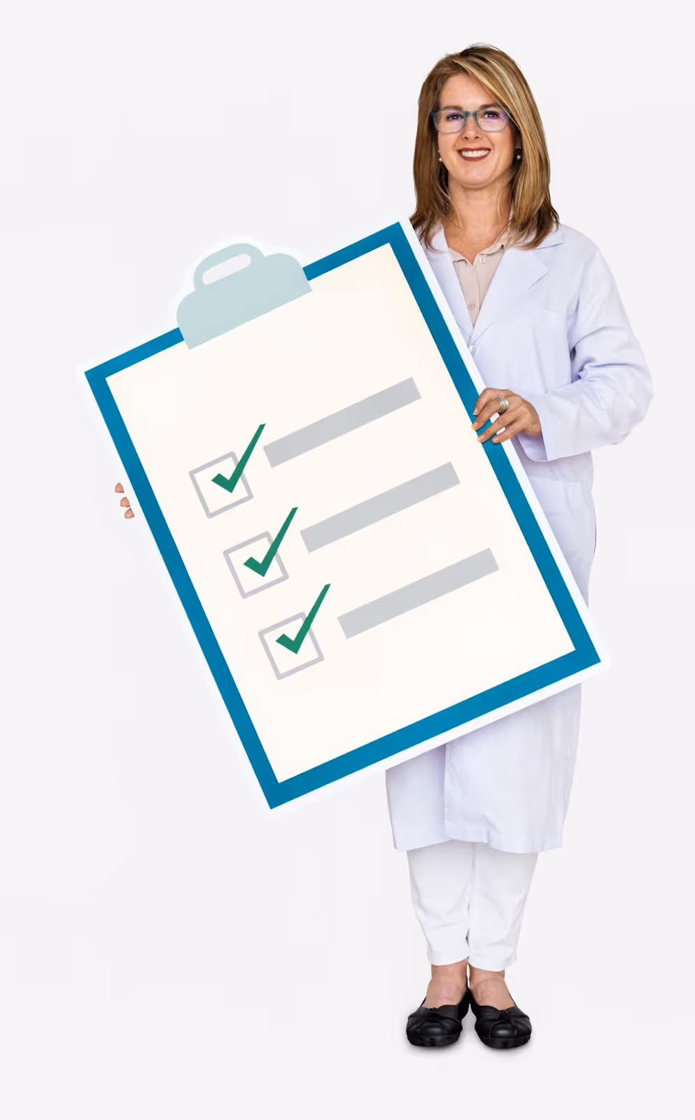 Female doctor in white coat holding checklist for qualified medical weight loss center