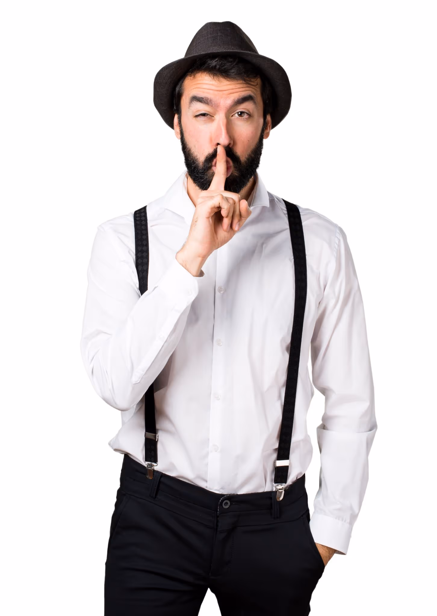 Man in suspenders making quiet gesture symbolizing the silent testosterone crisis