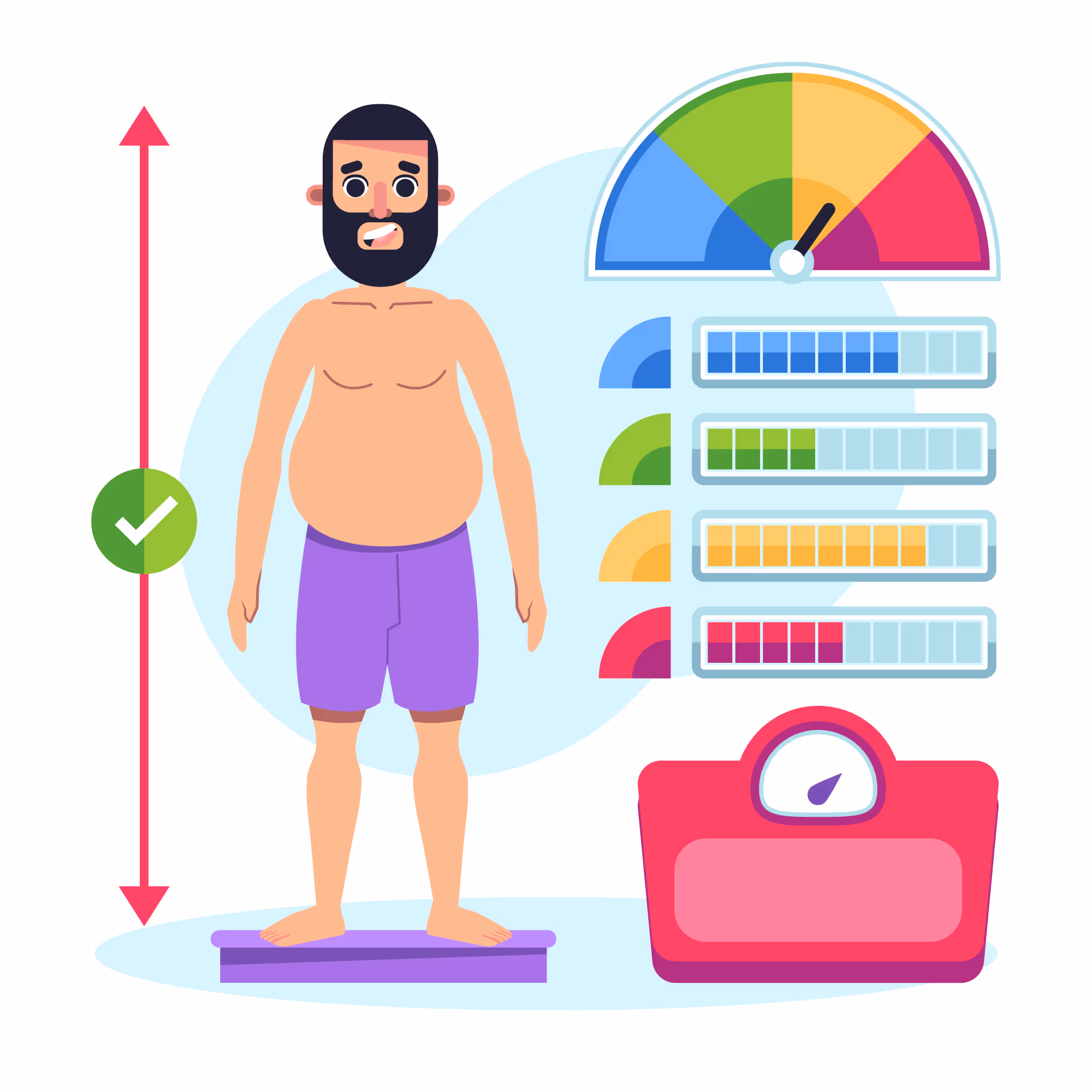 Colorful health metrics illustration showing declining testosterone levels and wellness tracking